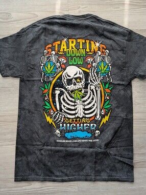NOHOURS Getting Higher Tee Medium Black Mineral Wash Skeleton Graphic New